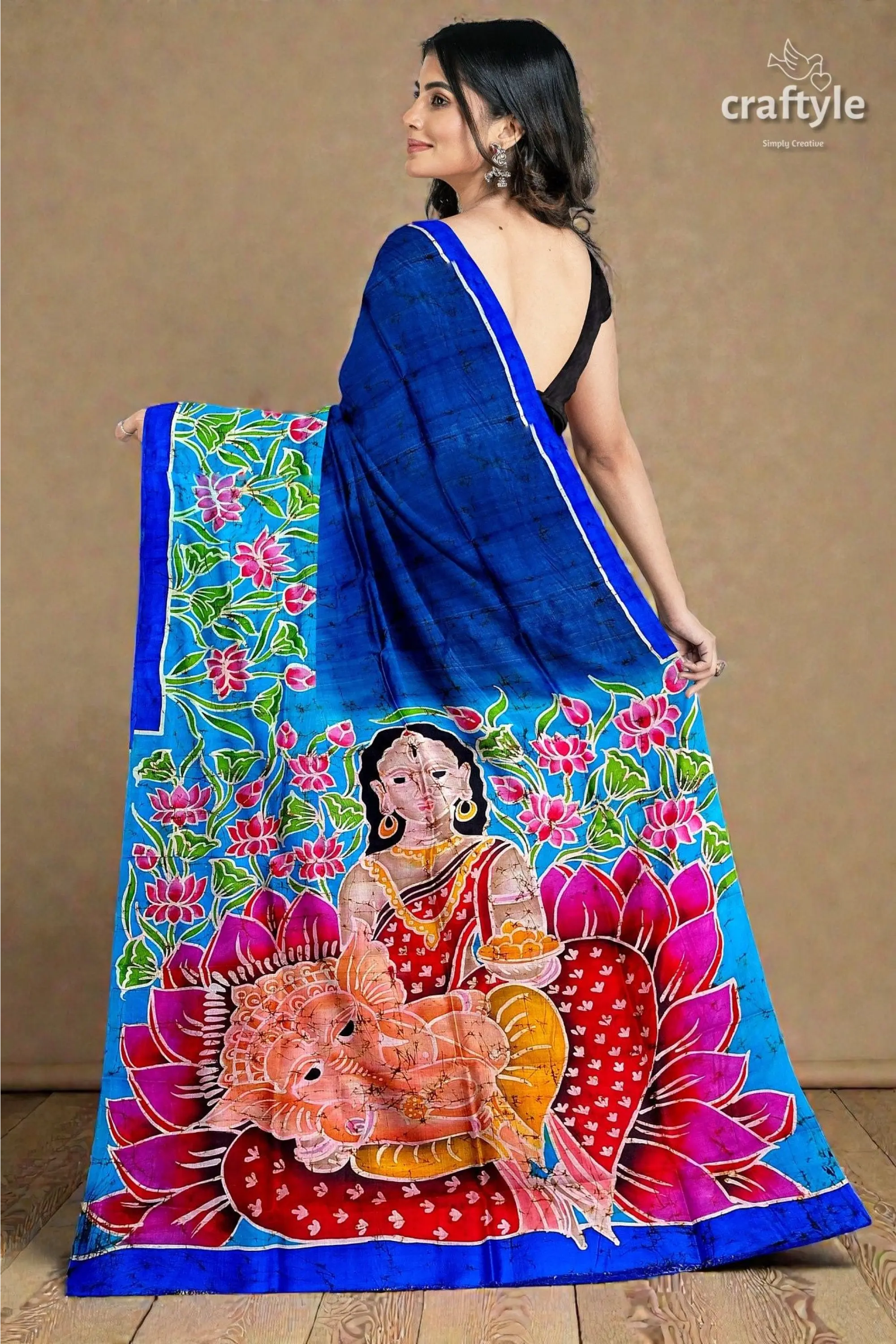 Blue lotus motif ma durga painted hand batik pure mulberry silk sare 3