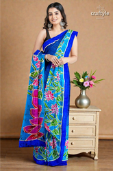 Blue lotus motif ma durga painted hand batik pure mulberry silk sare 1