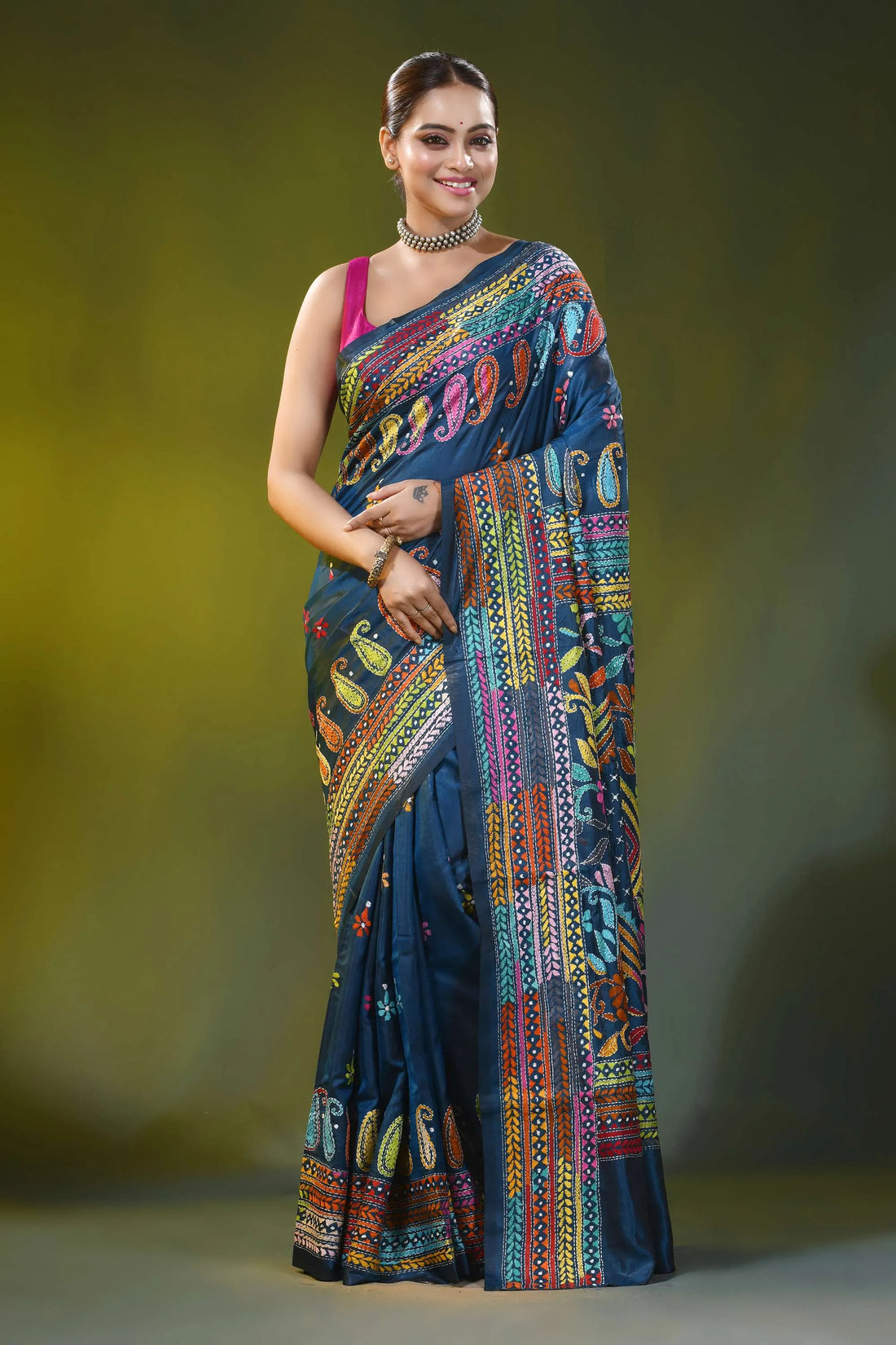 Blue zodiac hand embroidery multi-thread floral silk kantha work saree 1