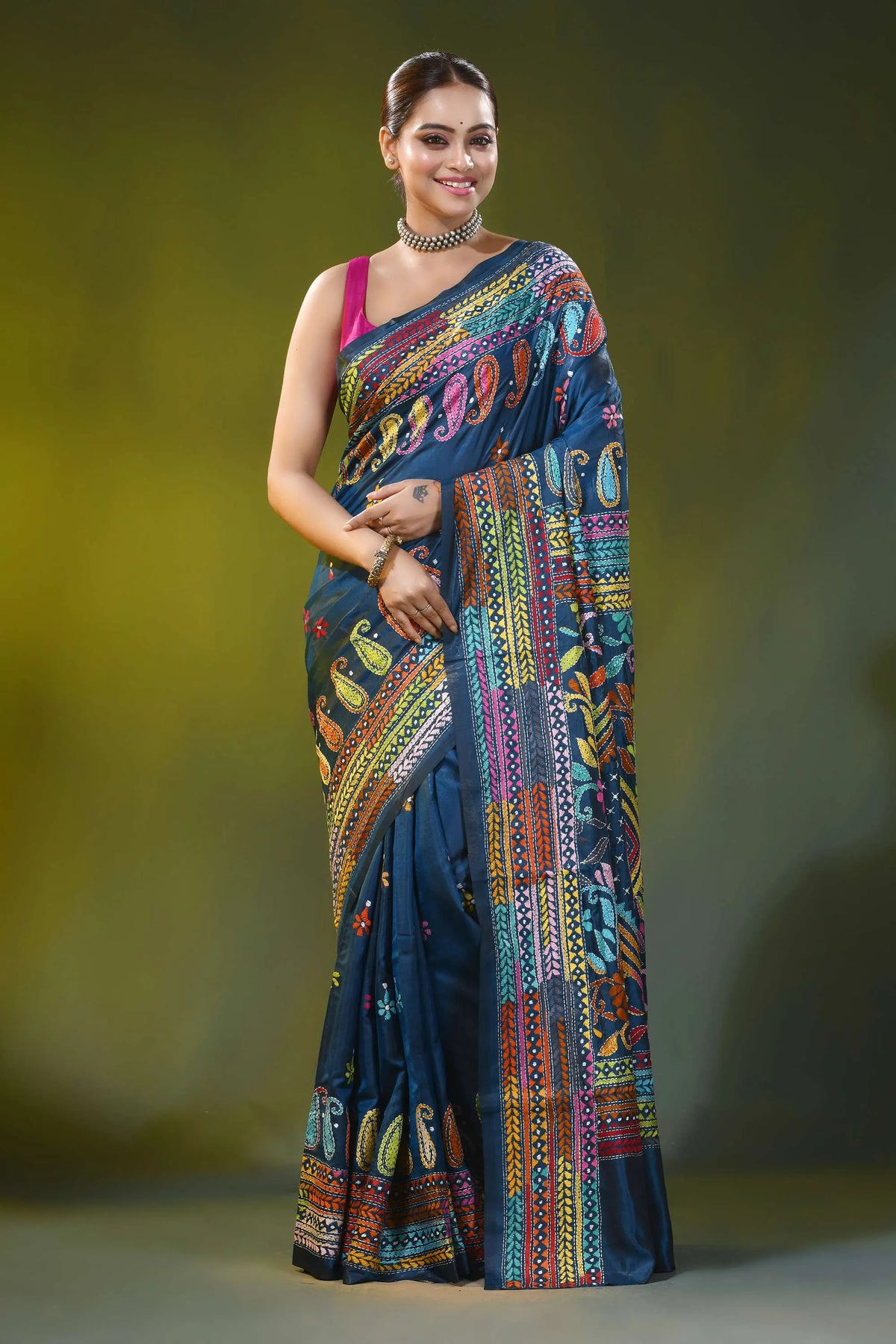 Blue zodiac hand embroidery multi-thread floral silk kantha work saree 1