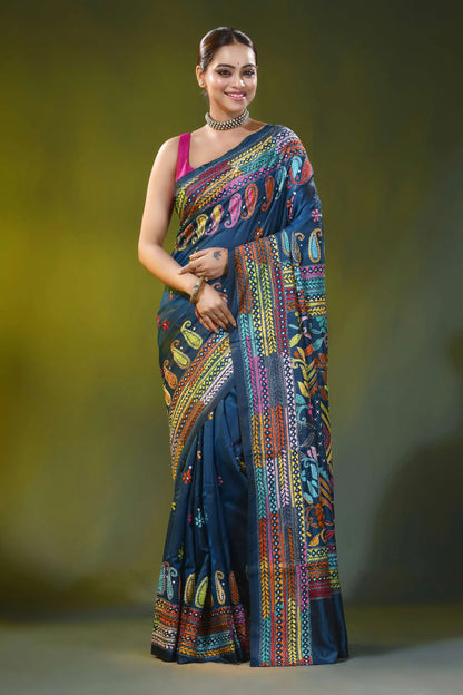 Blue zodiac hand embroidery multi-thread floral silk kantha work saree 1