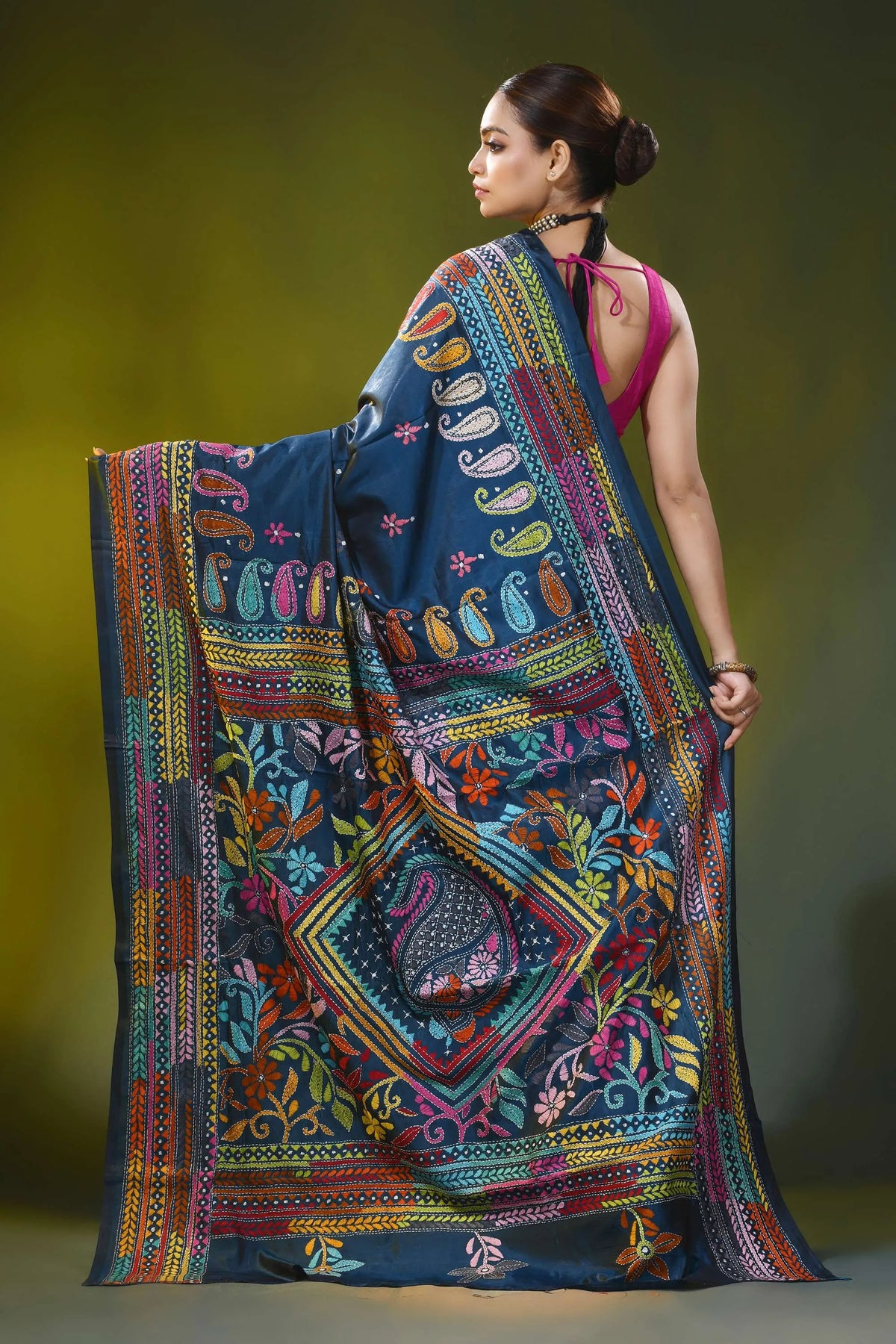 Blue zodiac hand embroidery multi-thread floral silk kantha work saree 5