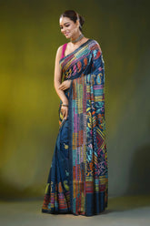 Blue zodiac hand embroidery multi-thread floral silk kantha work saree 3