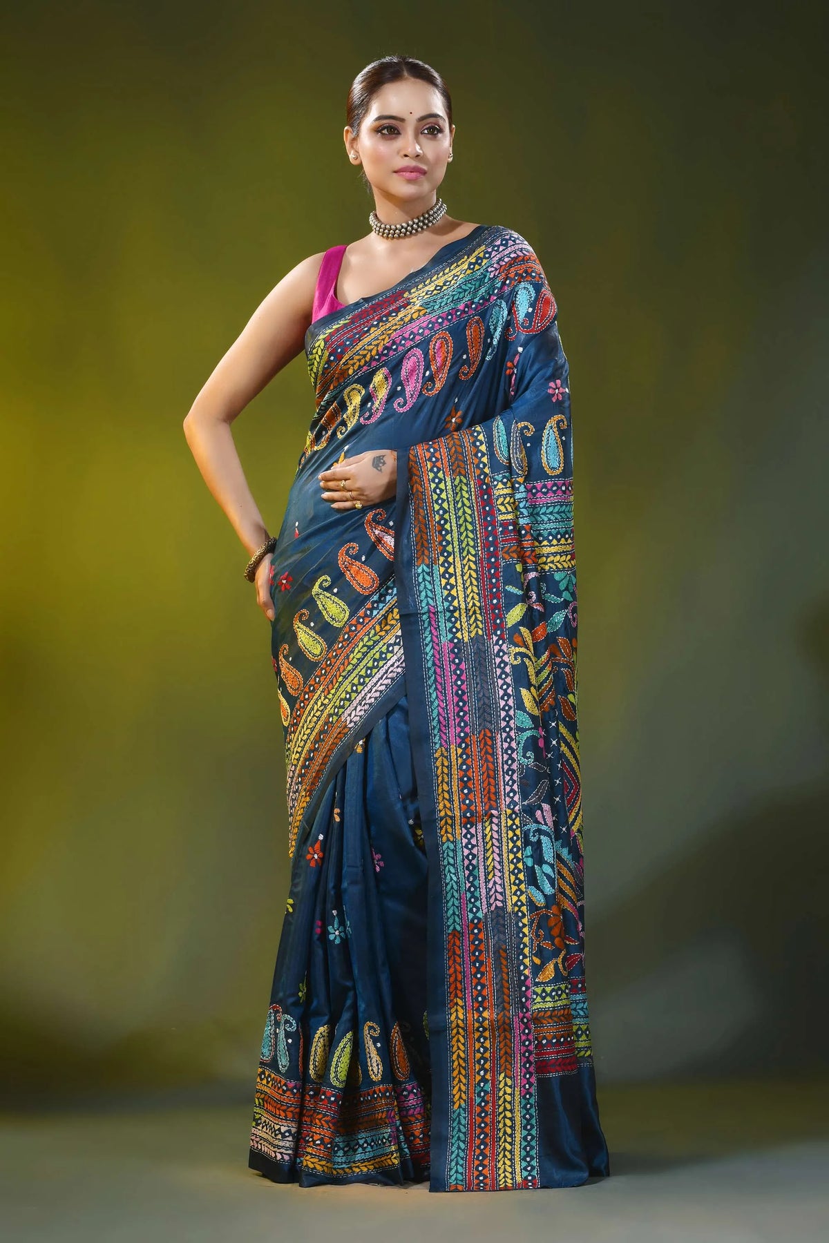 Blue zodiac hand embroidery multi-thread floral silk kantha work saree 6