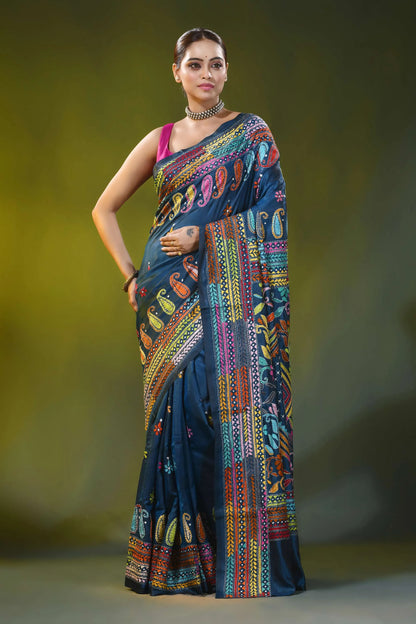 Blue zodiac hand embroidery multi-thread floral silk kantha work saree 6