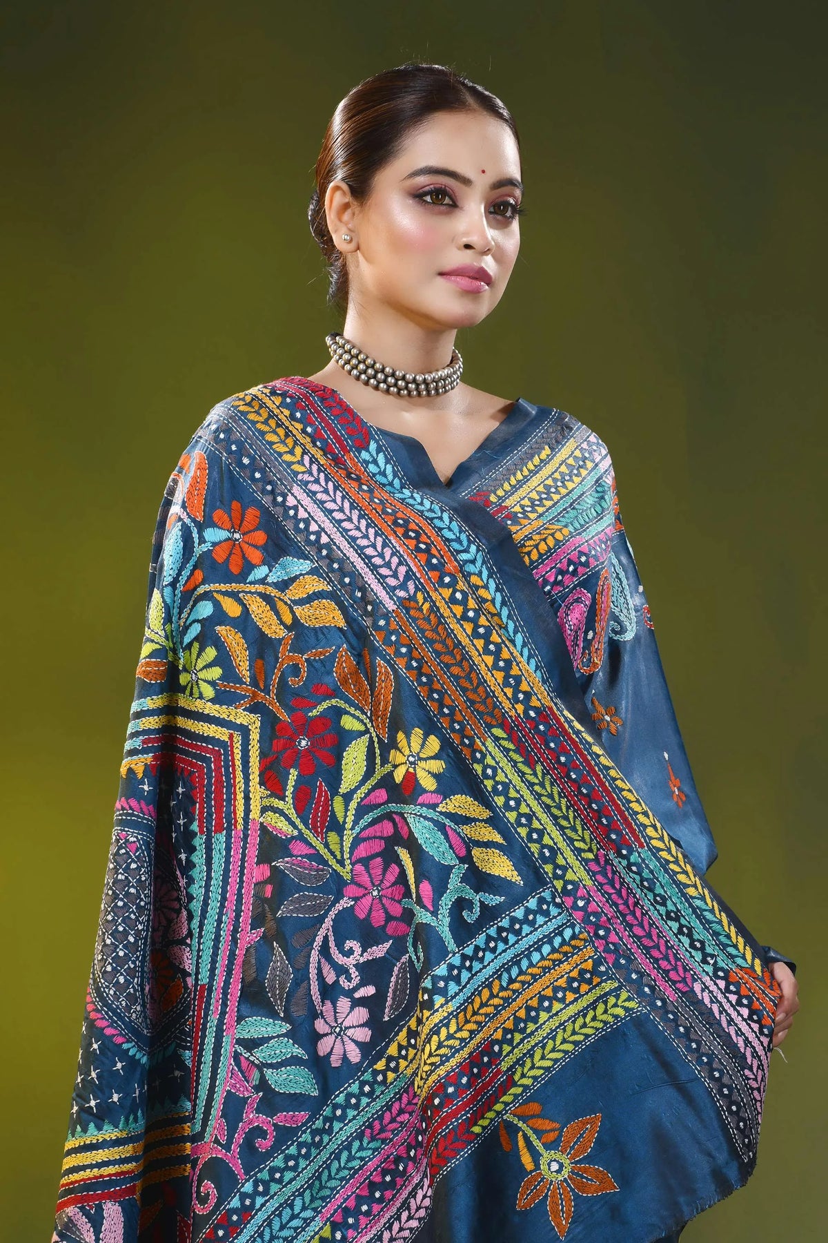 Blue zodiac hand embroidery multi-thread floral silk kantha work saree 2