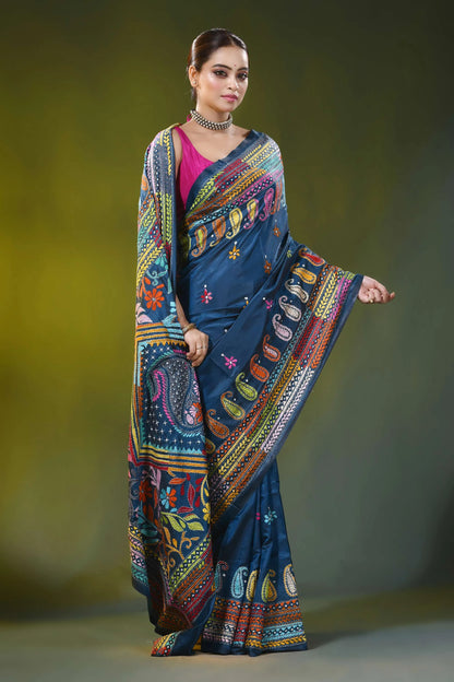 Blue zodiac hand embroidery multi-thread floral silk kantha work saree 4