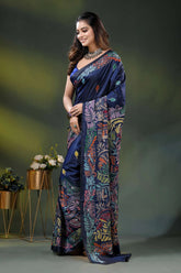 Blue zodiac multicolor lotus motif hand embroidered kantha silk saree 3