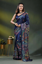 Blue zodiac multicolor lotus motif hand embroidered kantha silk saree 6