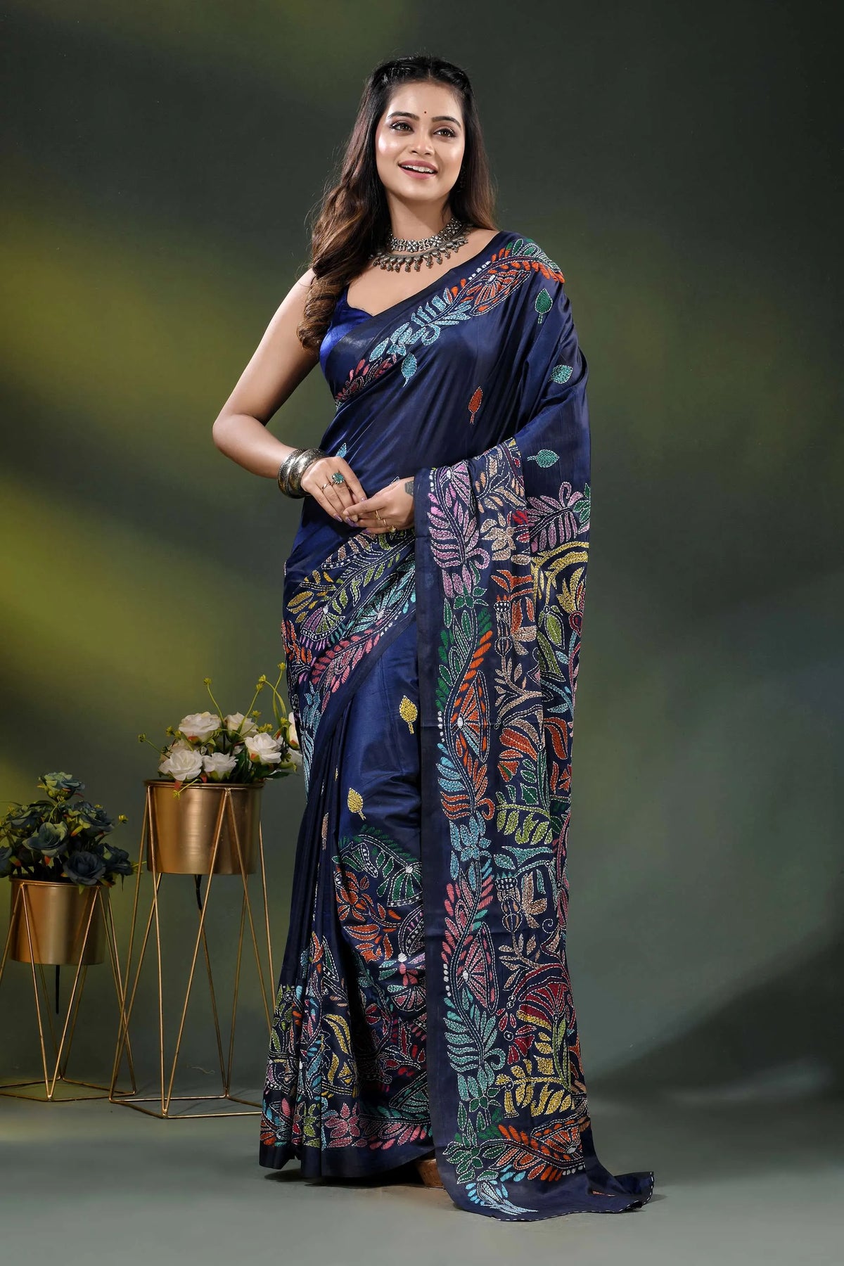Blue zodiac multicolor lotus motif hand embroidered kantha silk saree 6