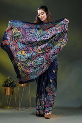 Blue zodiac multicolor lotus motif hand embroidered kantha silk saree 4