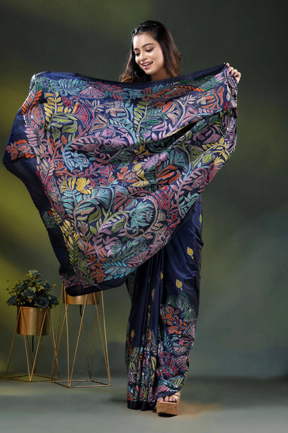 Blue zodiac multicolor lotus motif hand embroidered kantha silk saree 4