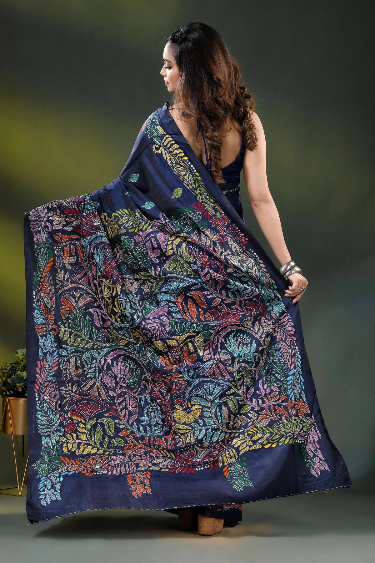 Blue zodiac multicolor lotus motif hand embroidered kantha silk saree 5