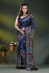 Blue zodiac multicolor lotus motif hand embroidered kantha silk saree 1