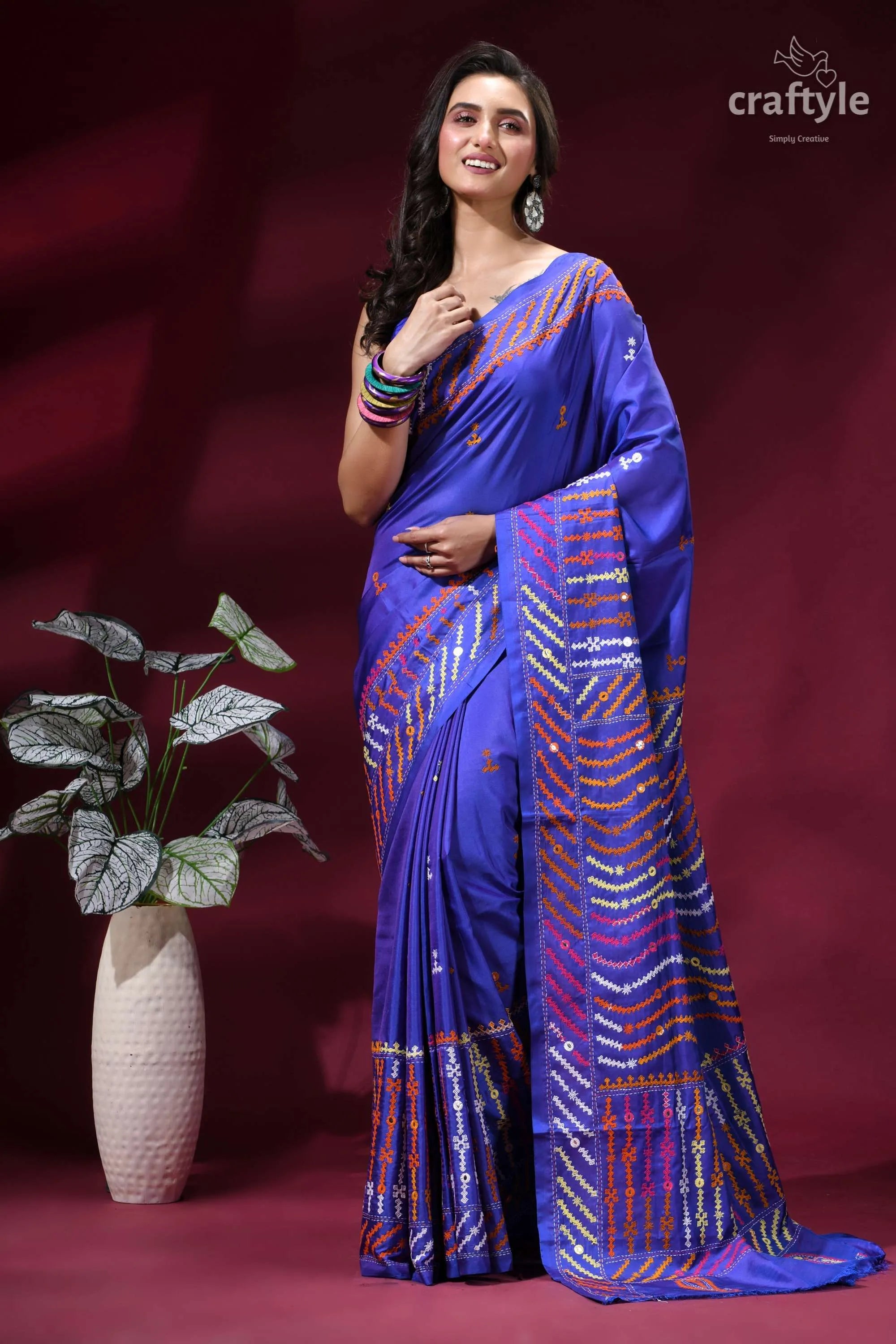 Blueberry blue hand kutch embroidered silk saree with mirror work vibrant royal blue saree adorned 3