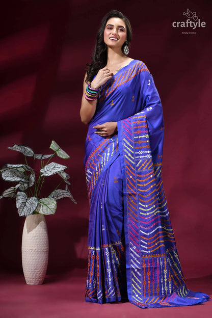 Blueberry blue hand kutch embroidered silk saree with mirror work vibrant royal blue saree adorned 3