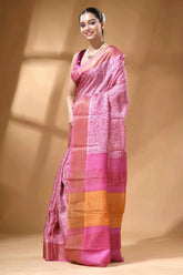 Blush color hand block print zari border pure tussar silk saree 3