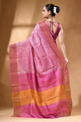Blush color hand block print zari border pure tussar silk saree 5