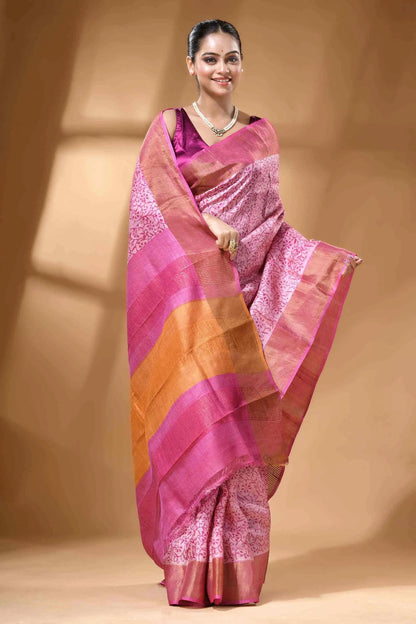Blush color hand block print zari border pure tussar silk saree 4
