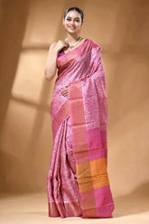 Blush color hand block print zari border pure tussar silk saree 6