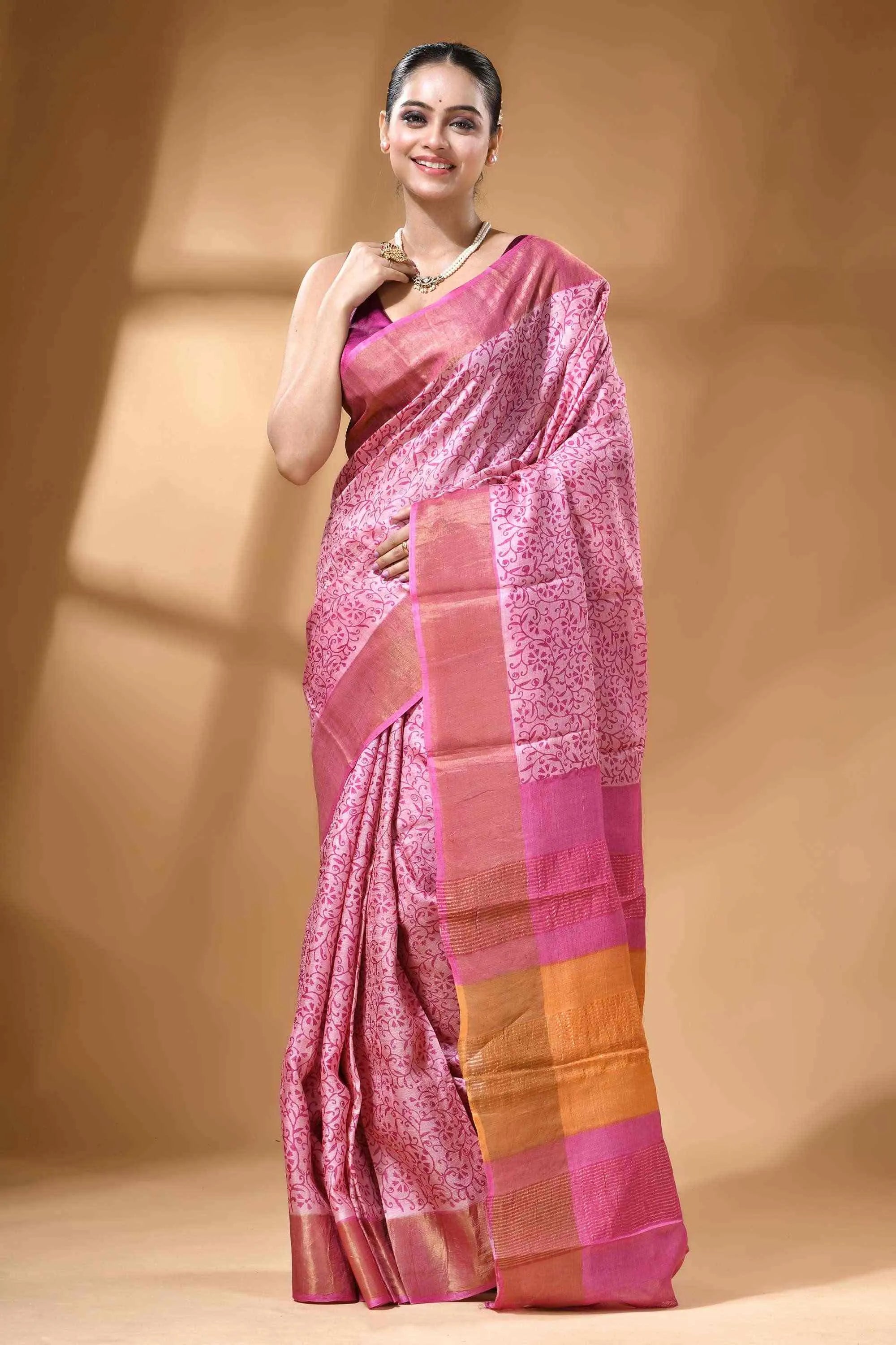 Blush color hand block print zari border pure tussar silk saree 6