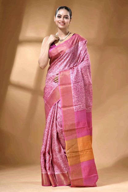 Blush color hand block print zari border pure tussar silk saree 6