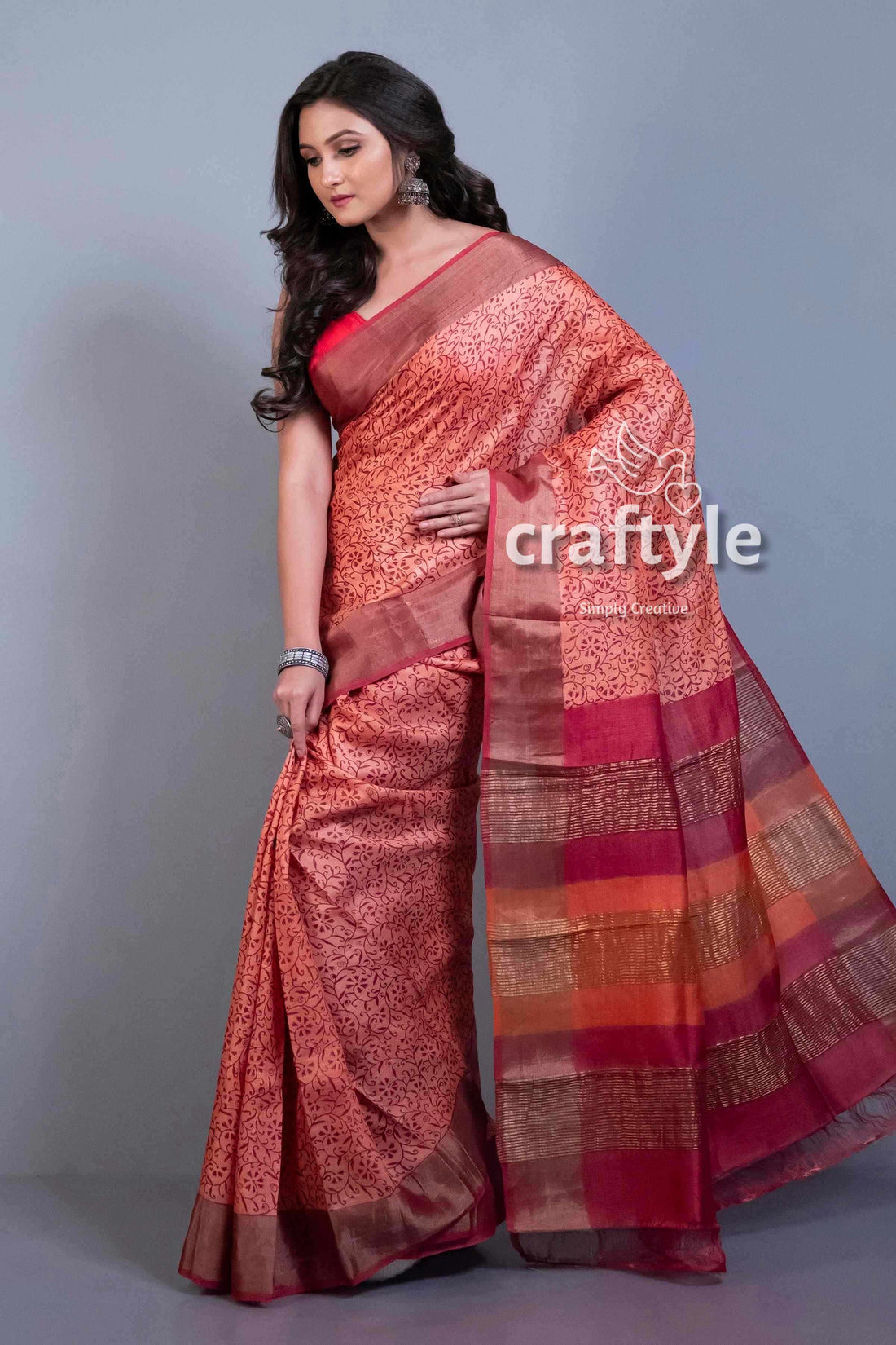 Blush Color Hand Block Print Zari Border Pure Tussar Silk Saree - Craftyle