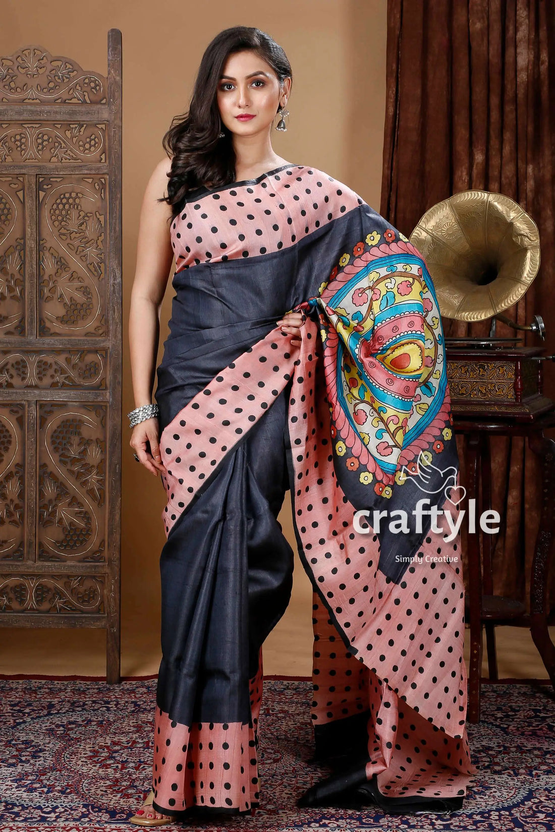 Blush pink & black hand block printed pure tussar silk bishnupuri saree woman polka-dotted saree 2
