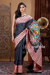 Blush Pink & Black Hand Block Printed Pure Tussar Silk Bishnupuri Saree - Craftyle