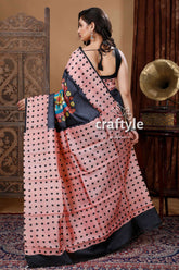 Blush Pink & Black Hand Block Printed Pure Tussar Silk Bishnupuri Saree - Craftyle