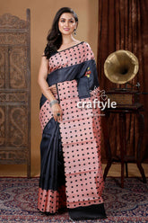 Blush Pink & Black Hand Block Printed Pure Tussar Silk Bishnupuri Saree - Craftyle
