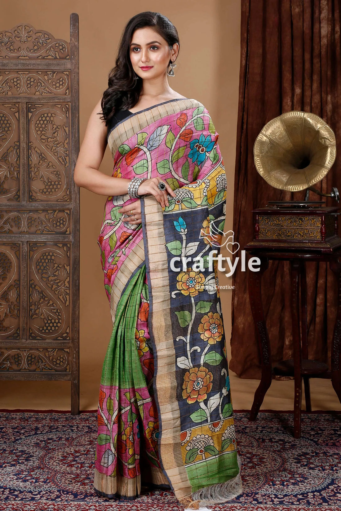 Blush pink hand painted zari pure tussar kalamkari design saree woman colorful 1