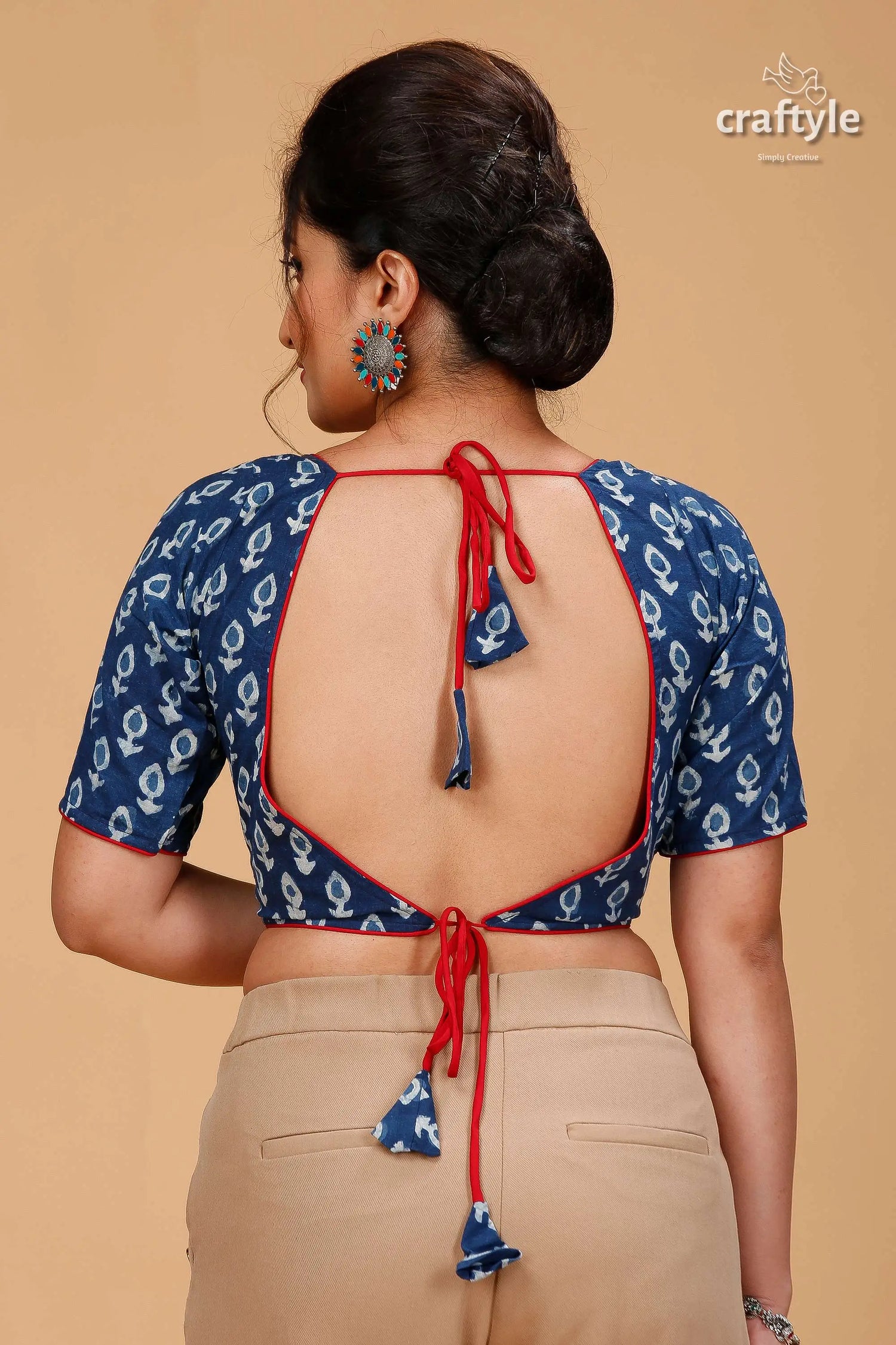 Bold astronaut blue dabu print cotton blouse woman’s blue patterned blouse open 2