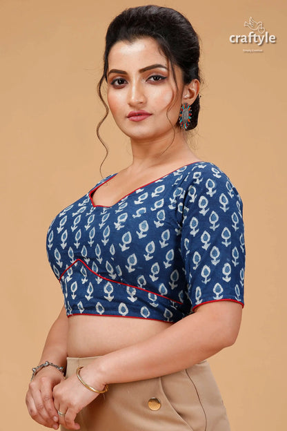 Bold astronaut blue dabu print cotton blouse blue short-sleeved blouse white leaf 3