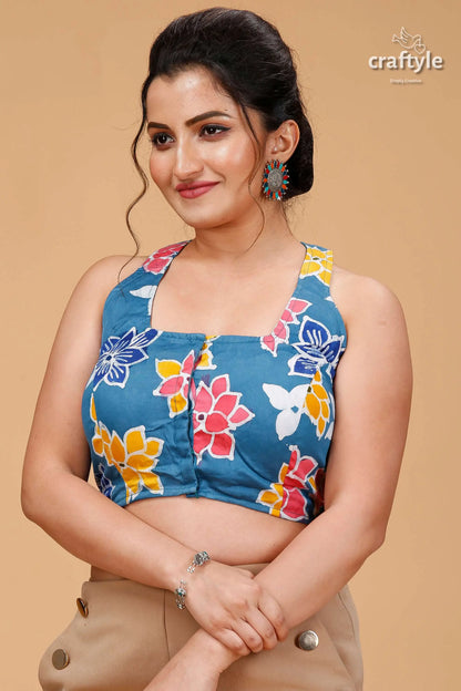 Bondi blue floral hand batik pure cotton blouse blue floral crop square neckline 3