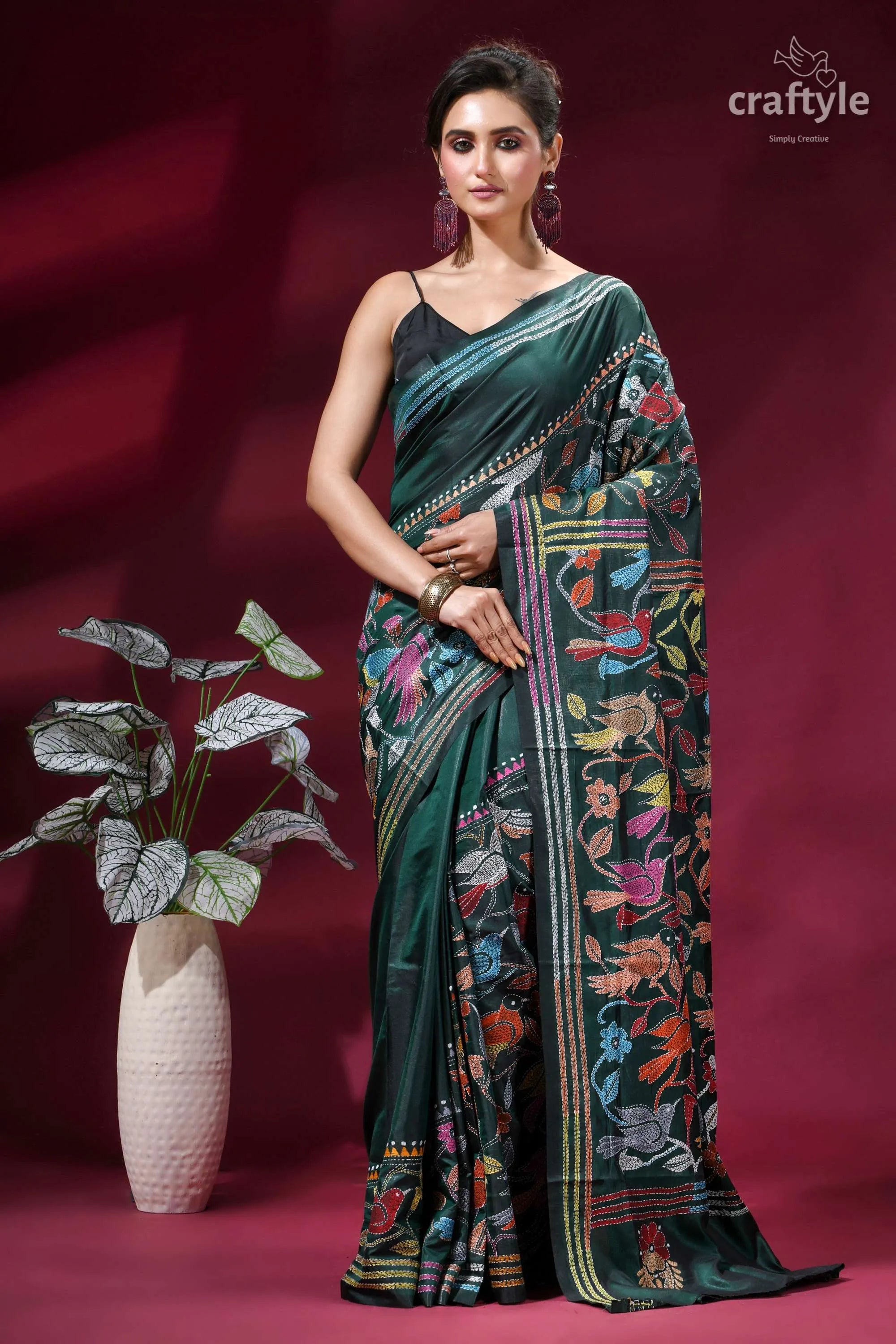 Bottle green bird motif hand embroidered silk kantha saree dark green silk saree adorned 1