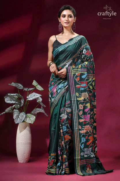 Bottle green bird motif hand embroidered silk kantha saree emerald green silk saree intricate 6