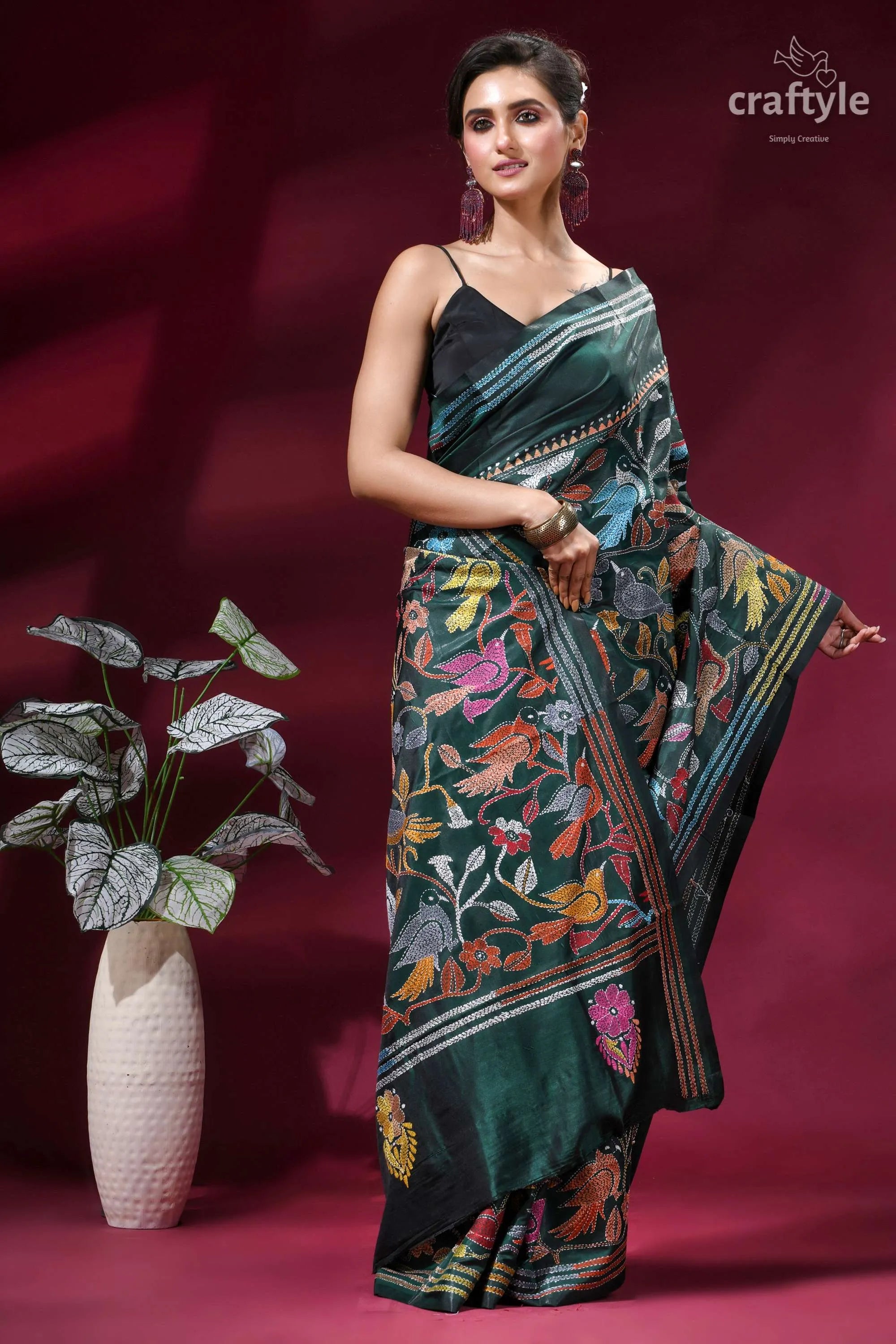 Bottle green bird motif hand embroidered silk kantha saree dark green silk saree adorned 5