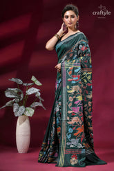 Bottle green bird motif hand embroidered silk kantha saree dark green silk saree adorned 3