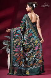 Bottle green bird motif hand embroidered silk kantha saree dark green silk saree adorned 4