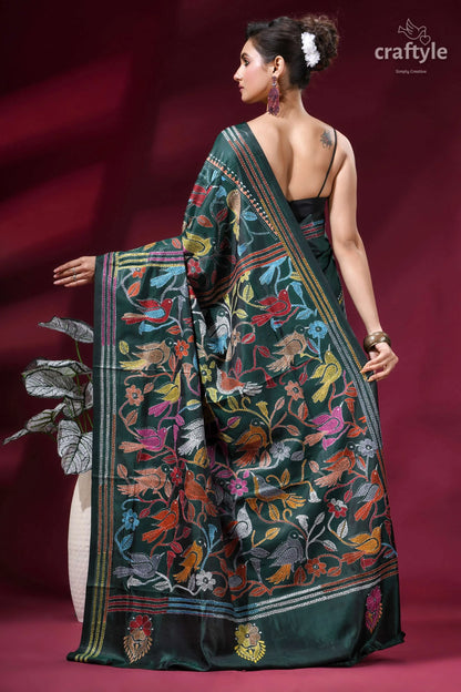 Bottle green bird motif hand embroidered silk kantha saree dark green silk saree adorned 4