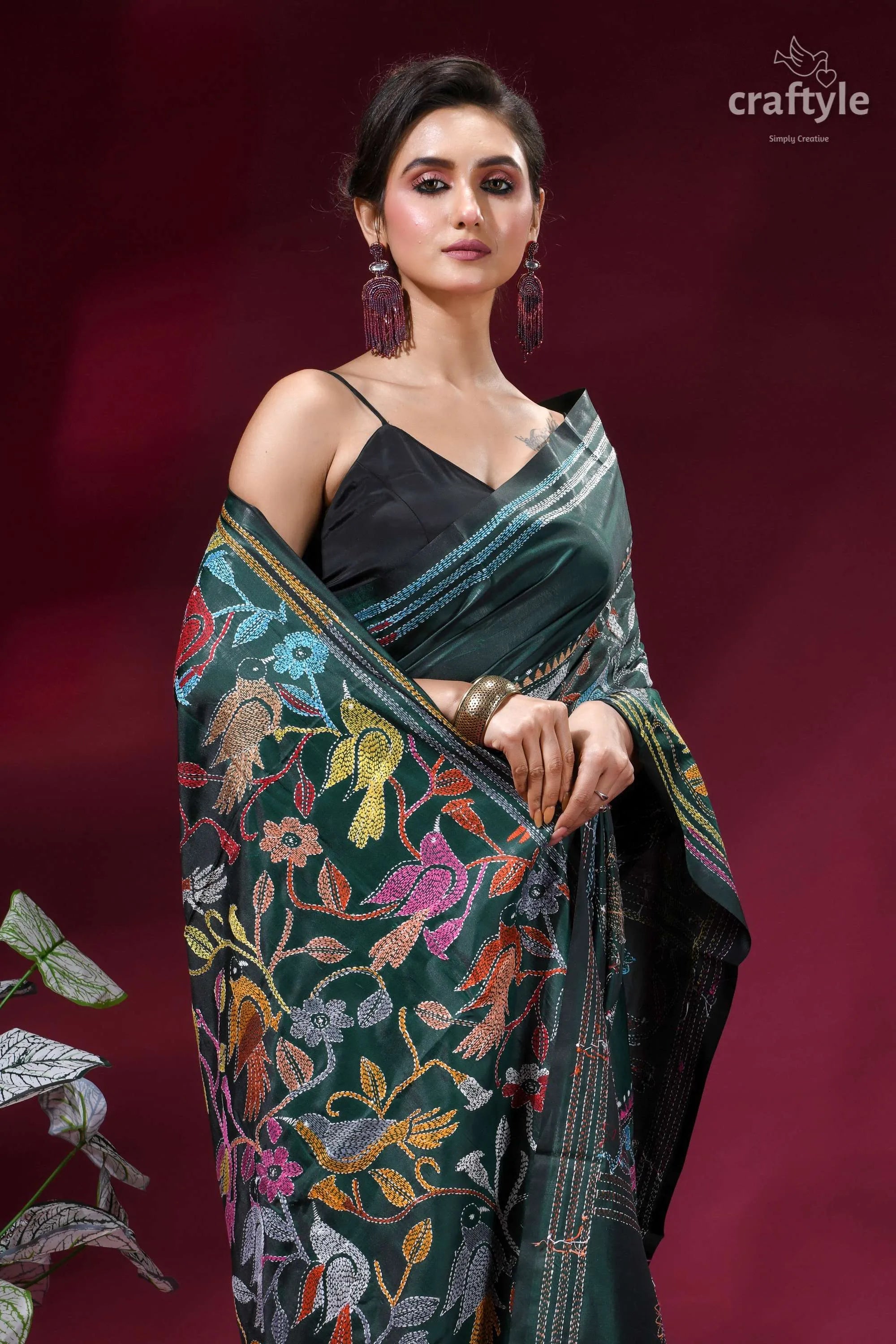 Bottle green bird motif hand embroidered silk kantha saree dark green silk saree adorned 2