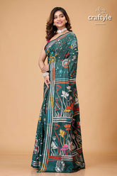 Bottle Green Bird Motif Premium Kantha Silk Saree - Craftyle
