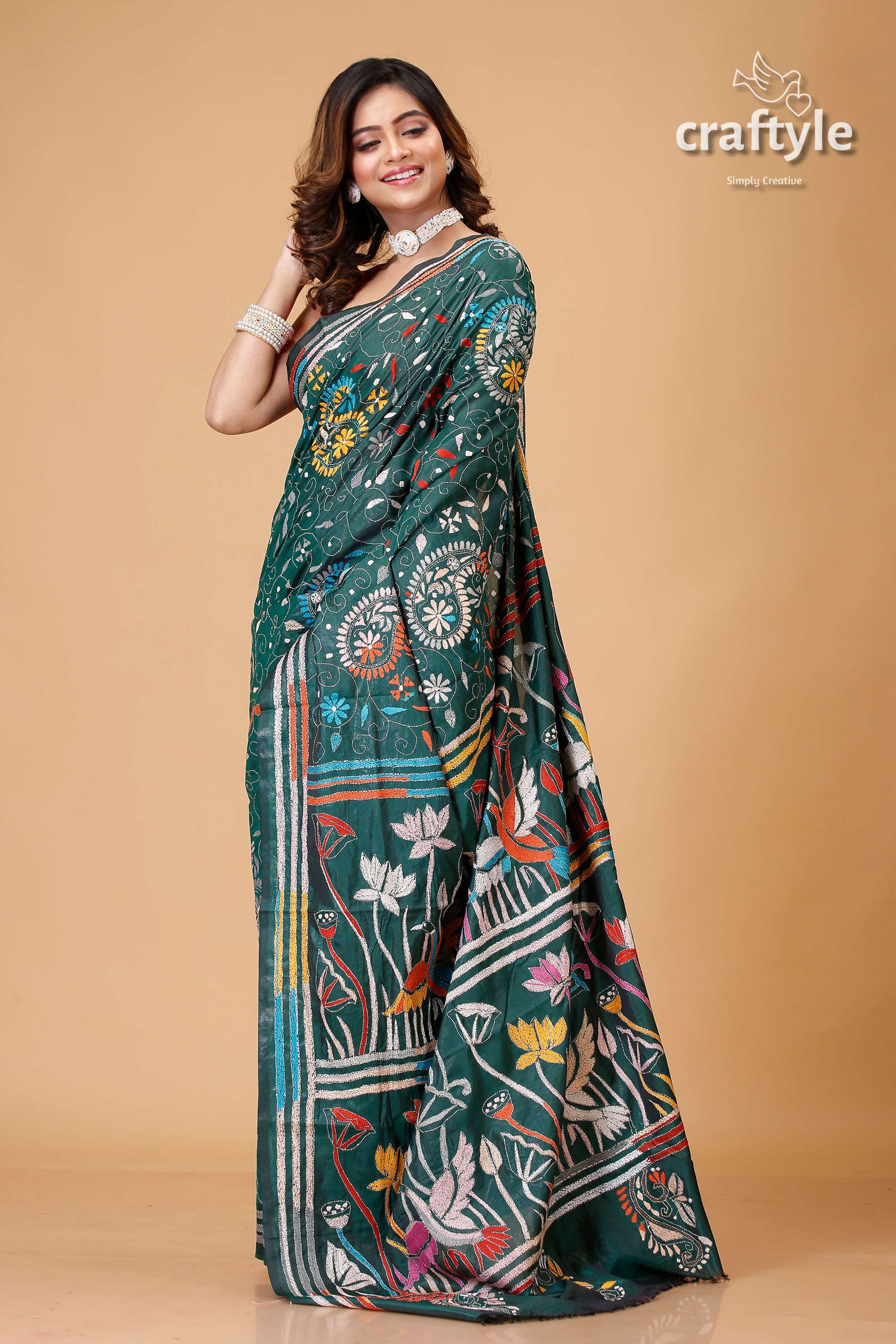Bottle Green Bird Motif Premium Kantha Silk Saree - Craftyle