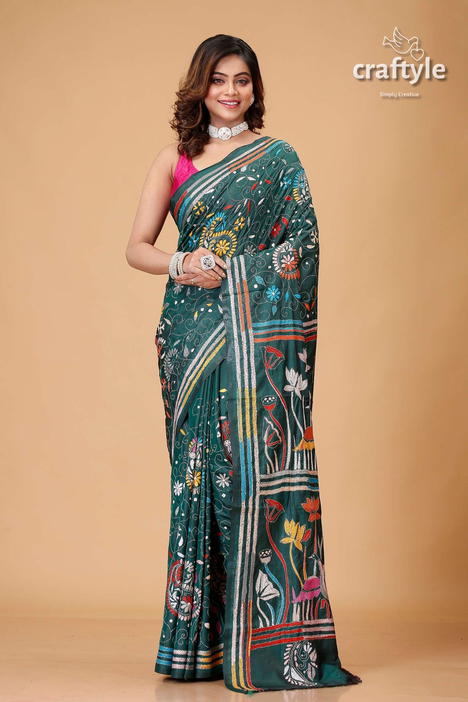 Bottle Green Bird Motif Premium Kantha Silk Saree - Craftyle
