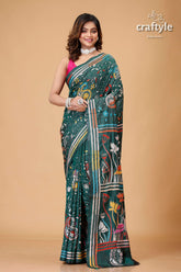 Bottle Green Bird Motif Premium Kantha Silk Saree - Craftyle