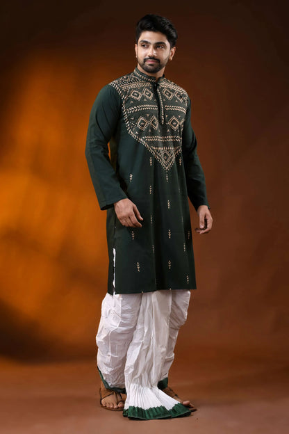 Bottle green cotton kantha punjabi for men - beige geometric embroidery 5