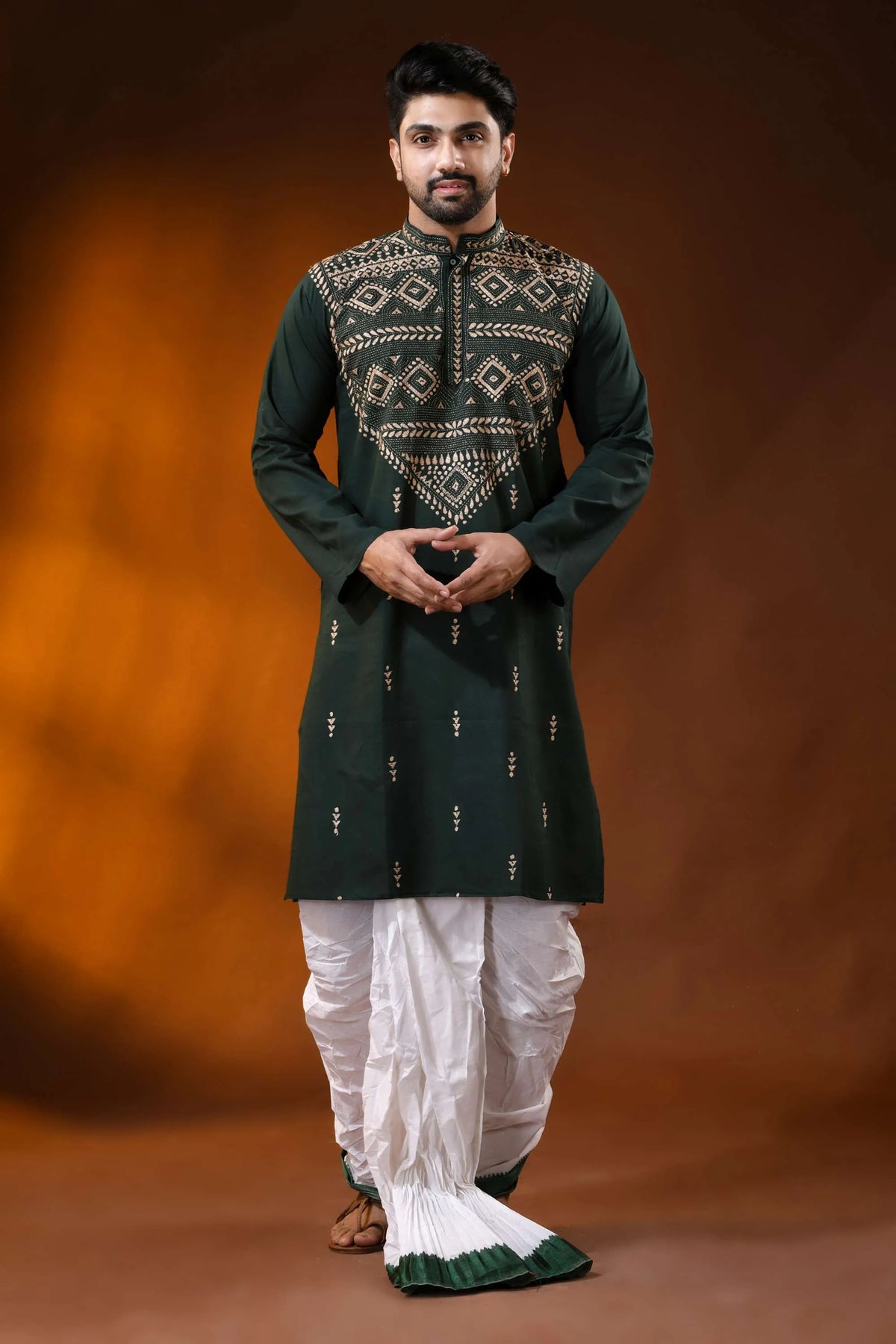 Bottle green cotton kantha punjabi for men - beige geometric embroidery 2