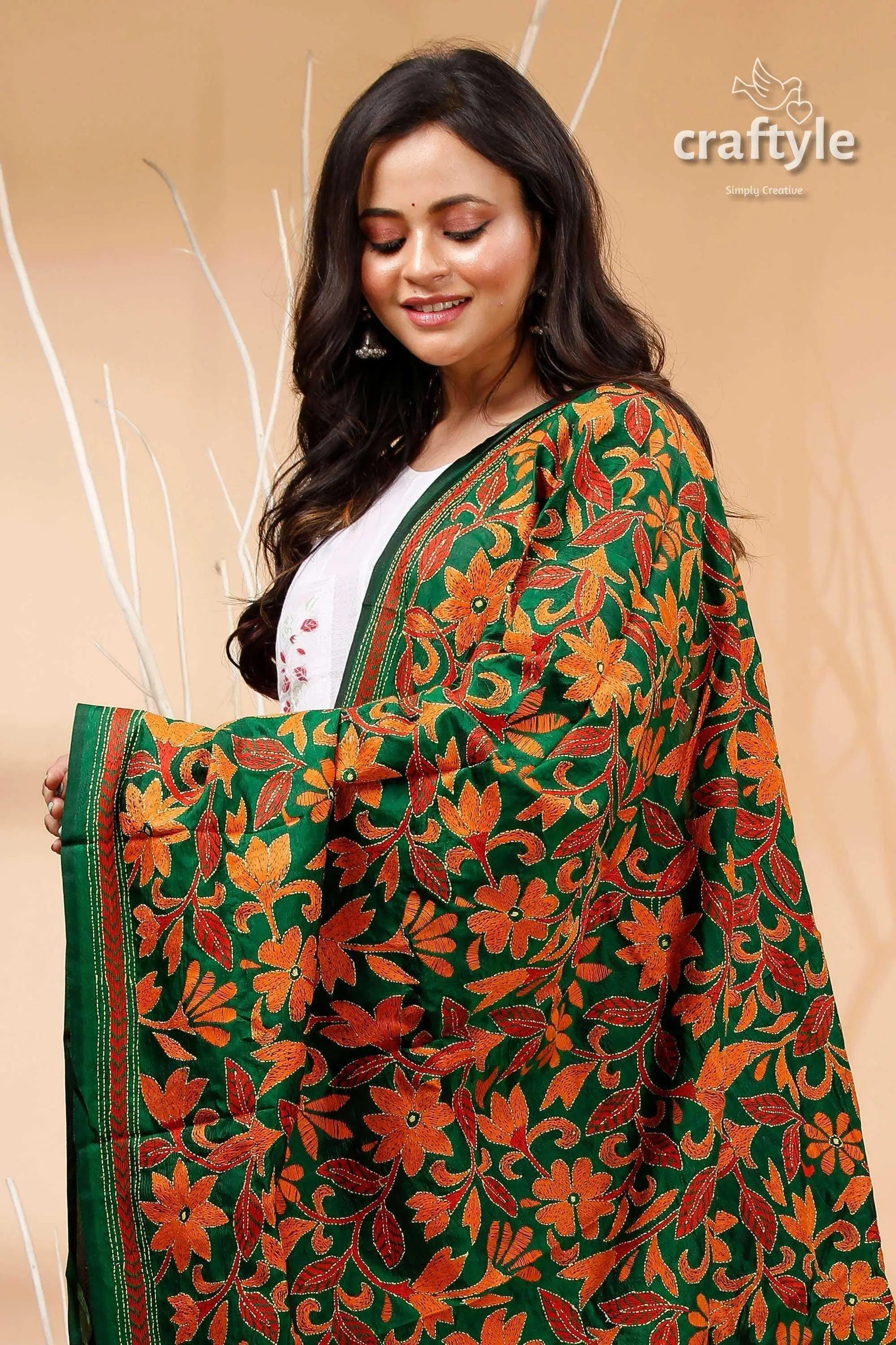 Bottle green hand embroidered kantha stitch pure silk dupatta green floral kimono jacket orange 2