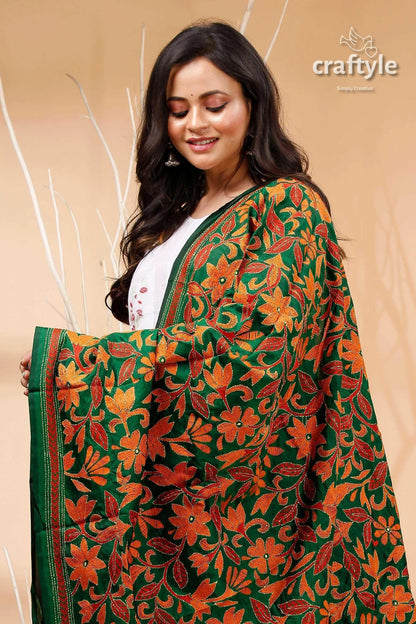 Bottle green hand embroidered kantha stitch pure silk dupatta green floral kimono jacket orange 2